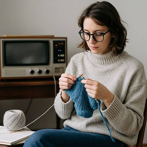 Photograph of a young woman with short brown hair, glasses, and a white knit sweater, knitting a blue sweater while seated indoors, with a vintage