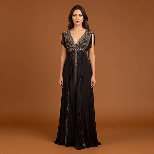 Photograph of a woman with long dark hair, wearing a black evening gown with intricate silver embellishments, standing against a solid brown background.