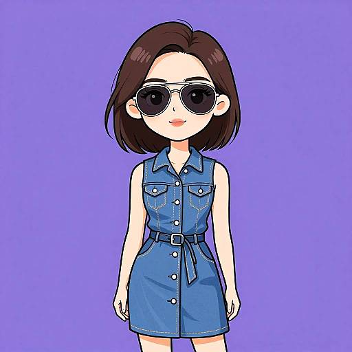 Digital anime-style drawing of a young woman with short brown hair, wearing a blue denim sleeveless dress and large round sunglasses, standing against a solid purple