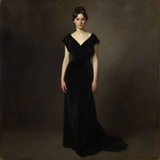 Photograph of a pale-skinned woman with dark hair, wearing a black, V-neck, floor-length dress, standing against a dark, smoky