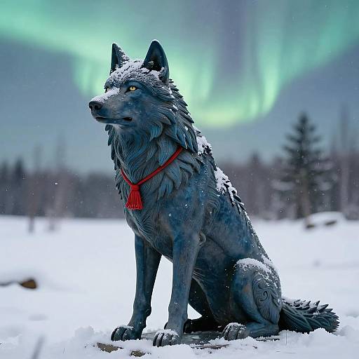 Blue Wolf Statue with Northern Lights