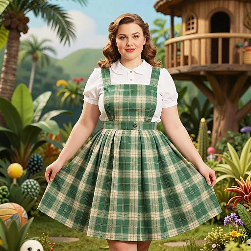 Photograph-style CGI of a smiling, fair-skinned woman with wavy brown hair, wearing a green plaid dress over a white blouse, standing