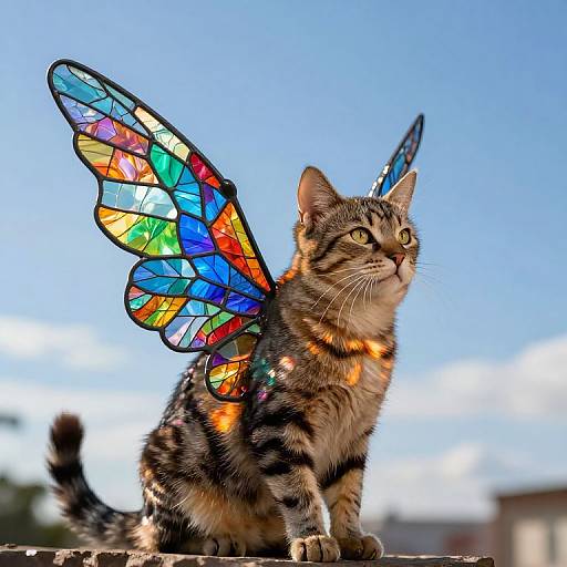 Photograph of a tabby cat with colorful, stained-glass fairy wings, gazing upward against a bright blue sky and blurred background.