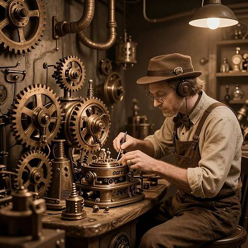 Inventor Working in Steampunk Workshop