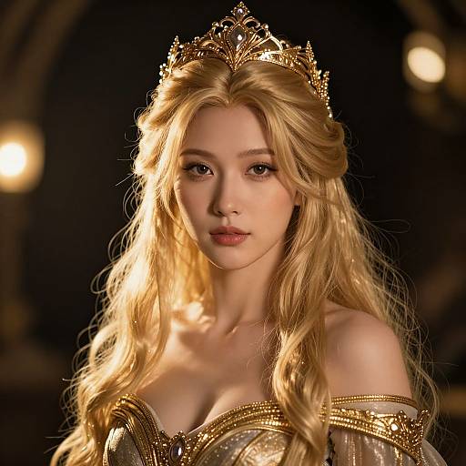 Digital art of a beautiful, fair-skinned blonde princess with long wavy hair, wearing a golden crown and ornate, off-shoulder gown