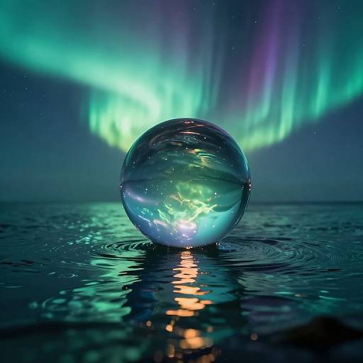 Photograph of a transparent glass sphere reflecting aurora lights, sitting on rippling water, with vibrant green and purple northern lights in the background.