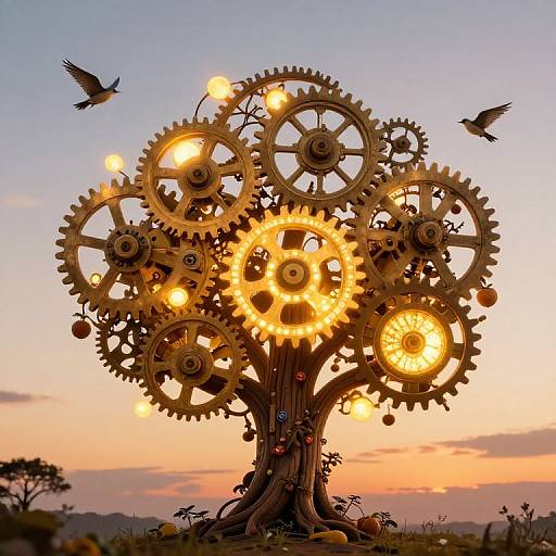 Golden Clockwork Tree at Sunset