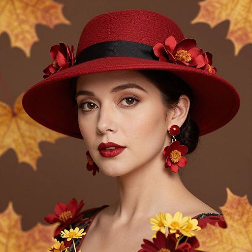 Photograph of a fair-skinned woman with red lipstick, dark hair, red hat adorned with flowers, matching earrings, and yellow flowers in the foreground