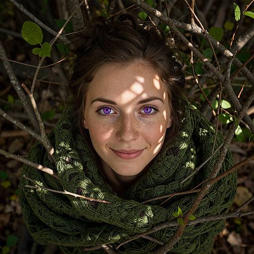 Photograph of a smiling woman with purple eyes, fair skin, and brown hair, wrapped in a green knit scarf, surrounded by tree branches and leaves