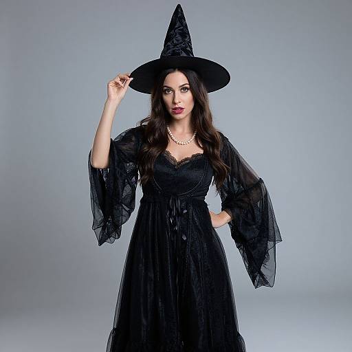 Photograph of a pale-skinned woman with long dark hair, wearing a black witch hat, sheer black dress, and pearl necklace, against a gray