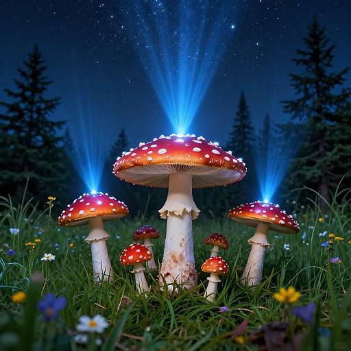 Photograph of glowing red and white-spotted mushrooms with blue light beams, surrounded by grass and wildflowers, under a starry night sky with sil
