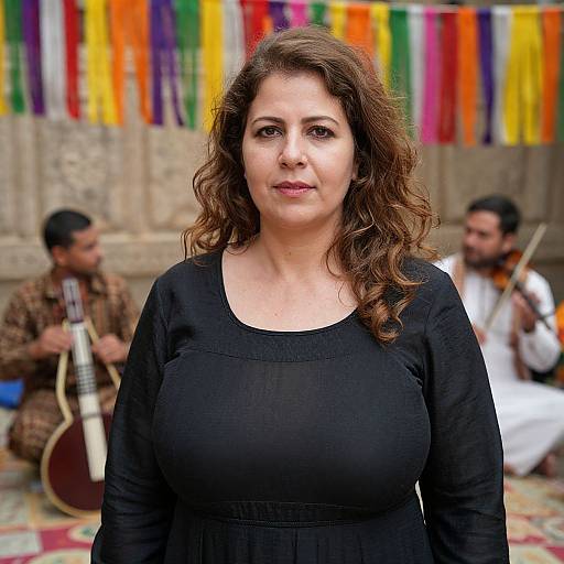 Photograph of a middle-aged South Asian woman with wavy brown hair, black long-sleeve dress, standing in front of colorful fabric banners,