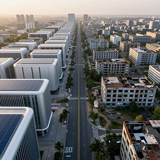 Aerial photograph of a modern cityscape featuring sleek, white, futuristic buildings on the left and older, beige buildings on the right, with a straight