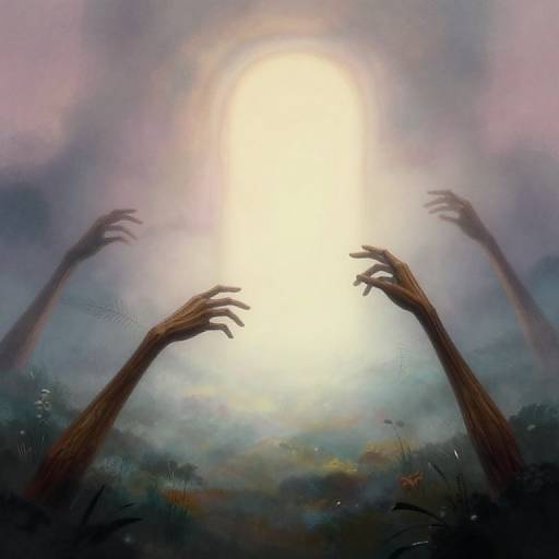Digital painting of two eerie, outstretched, dark brown hands reaching towards a bright, glowing sun in a misty, colorful landscape.
