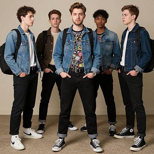 Photograph of five young men standing in a row, wearing denim jackets, black pants, and sneakers, with backpacks and casual expressions.