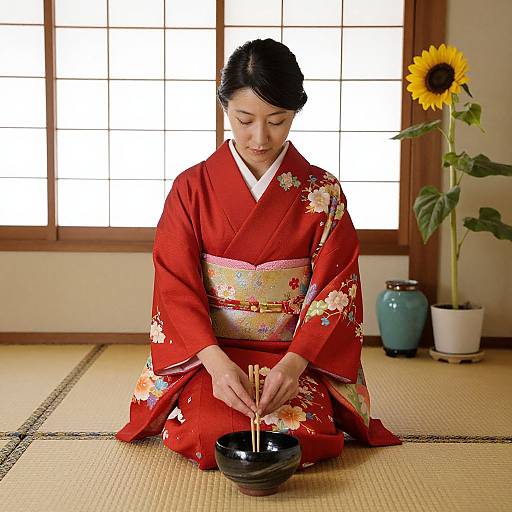 Photograph of an Asian woman in a red floral kimono, sitting on a tatami mat, eating ramen from a black bowl, with a sun