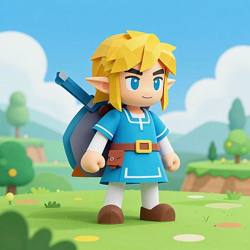 3D digital art of a chibi-style Link from The Legend of Zelda, with blonde hair, blue tunic, brown boots, and a backpack