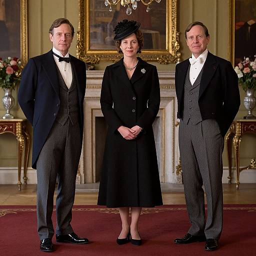 Photograph of a formal trio: a man in a black coat and striped suit on each side of a woman in a black dress and hat, standing