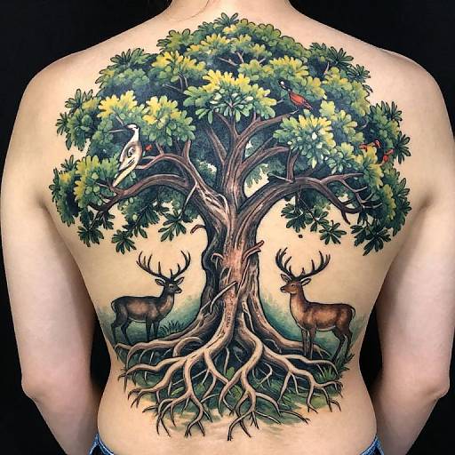 Colorful tattoo on a person's back: a large tree with green leaves, brown roots, two deer beneath, and birds in the branches. Phot