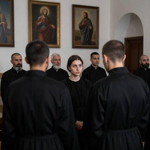 Young Woman Among Monks in Dimly Lit Room