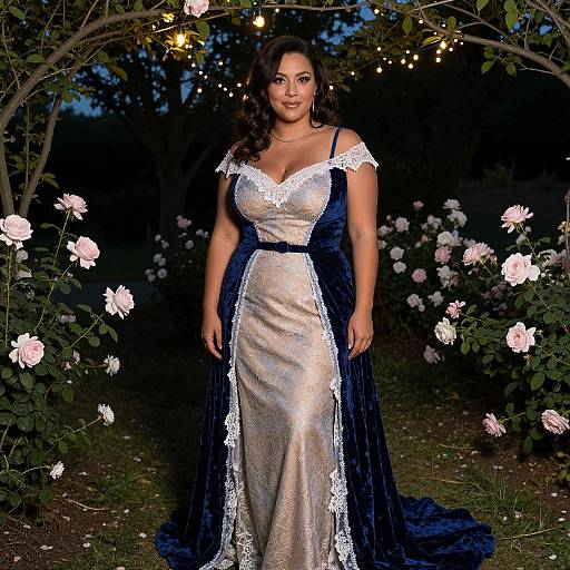 Photograph of a curvy woman with dark skin and wavy hair wearing a deep blue and white lace gown, standing under a flower-covered archway