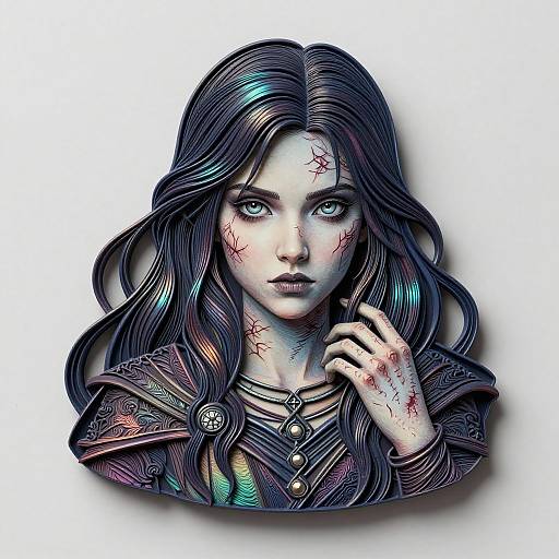 Digital illustration of a pale, blue-eyed woman with long, wavy black hair, scarred face, and medieval-style armor, touching her chin.