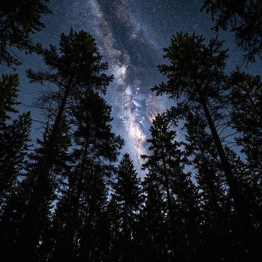 Photograph of a starry night sky with the Milky Way visible through tall, silhouetted pine trees, creating a dramatic contrast between dark forest
