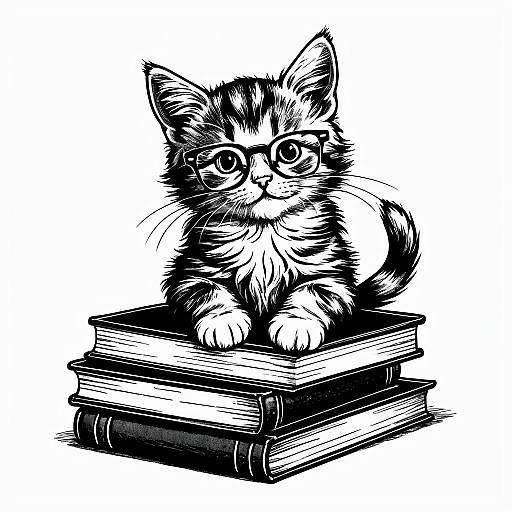 Kitten with Glasses on Books Illustration
