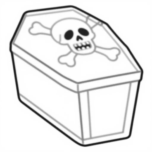 Black-and-white line drawing of a hexagonal, coffin-shaped box with a skull and crossbones design on the lid.