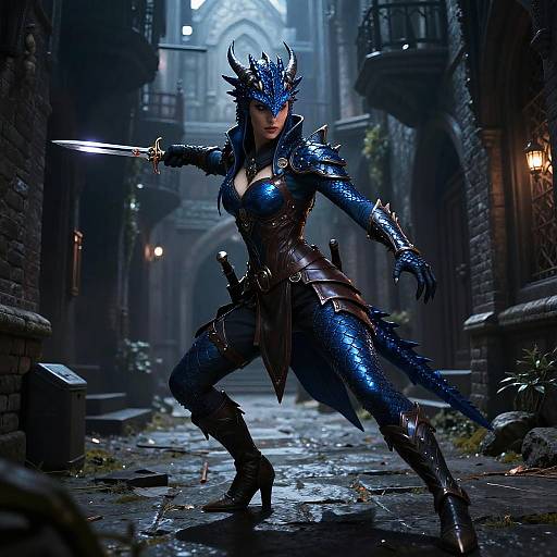 Digital fantasy artwork of a fierce, blue-scaled armored woman with dragon horns, wielding a sword in a dark, medieval alleyway.