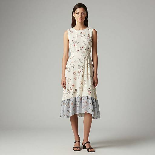 Photograph of a young woman with long black hair, wearing a sleeveless white floral dress with a blue lace hem, standing against a plain gray background