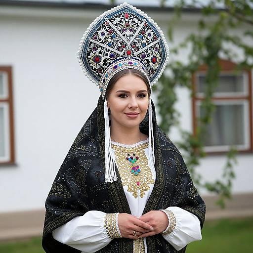 Photograph of a woman in traditional Eastern European folk attire, wearing an elaborate black and white embroidered headdress and dress, with a gold necklace, standing