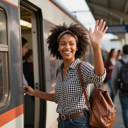 Photograph of a smiling Black woman with afro, waving from a train door, wearing checkered shirt, jeans, brown leather bag.