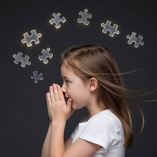 Photograph of a young girl with long brown hair, wearing a white shirt, hands clasped in front of her face, surrounded by floating puzzle pieces
