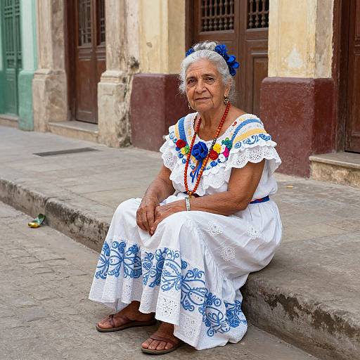 Photograph of an elderly woman with white hair, blue flower headpiece, white off-shoulder dress, blue embroidery, red beaded necklace,
