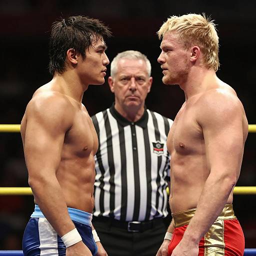 Two Male Wrestlers Facing Off in Ring
