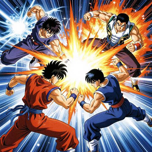 Digital anime artwork of five muscular, spiky-haired warriors in colorful martial arts outfits, mid-fight, converging on a bright, explosive central point