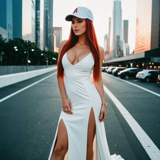 Stylish Woman in White Gown and Baseball Cap in City