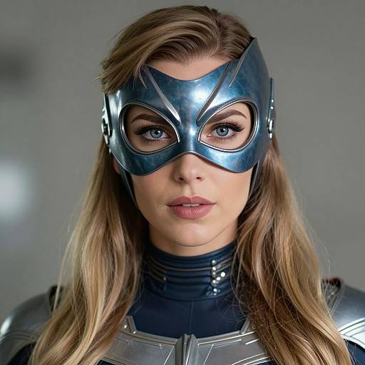 Photograph of a blonde woman with blue eyes wearing a shiny blue superhero mask and silver armor, looking directly at the camera against a gray background.