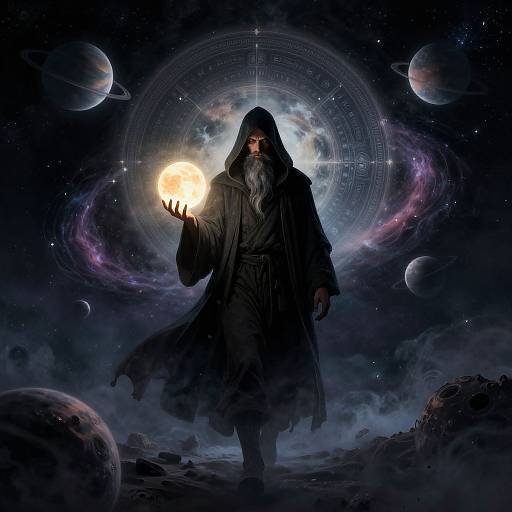 Mysterious wizard in dark hooded robe holding glowing orb, surrounded by cosmic background with planets, stars, and mystical rings. Digital art.