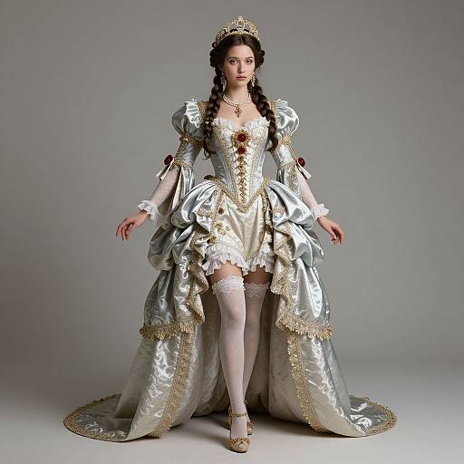 Photograph of a woman in an elaborate, silver and white Renaissance-style gown with gold trim, lace, and thigh-high stockings, wearing a tiara