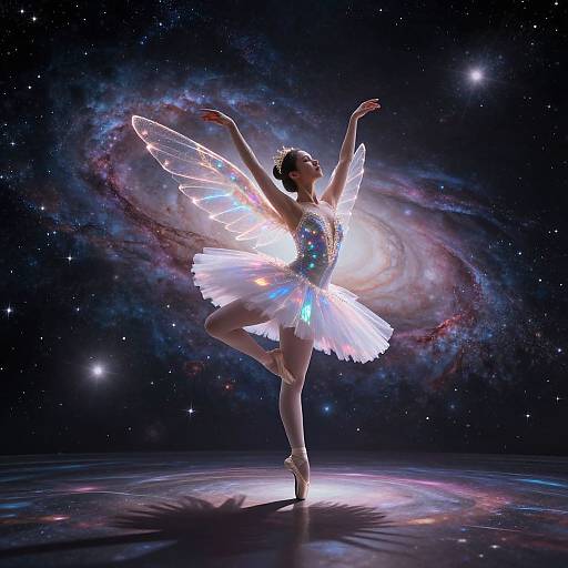 A ballet dancer with glowing, ethereal wings and a sparkly tutu stands gracefully on pointe against a cosmic galaxy backdrop.