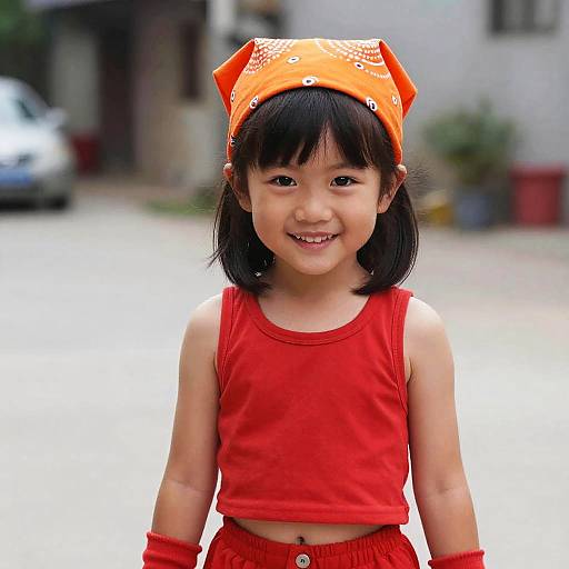 Smiling Girl Wearing Orange Bandana and Red Crop Top