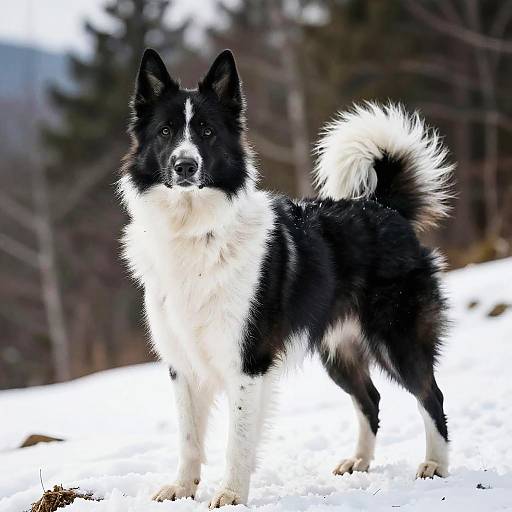 Photograph of a black-and-white Border Collie standing in snowy forest, with its bushy tail curled upward, looking alert.