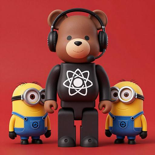Photograph of a brown bear LEGO figure wearing headphones and a black shirt with a white atom symbol, flanked by two yellow Minion LEGO figures,