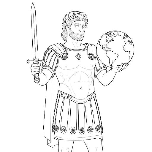 Black-and-white line drawing of a muscular, bearded warrior in Roman armor holding a sword in the left hand and a globe in the right hand.