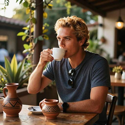 Photograph of a blond man with wavy hair, wearing a dark blue t-shirt, sipping from a white cup at an outdoor café, surrounded