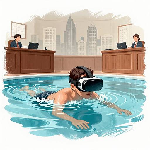 Digital illustration of a shirtless man in VR headset swimming in an indoor pool, surrounded by two suited individuals at wooden desks with laptops, cityscape background