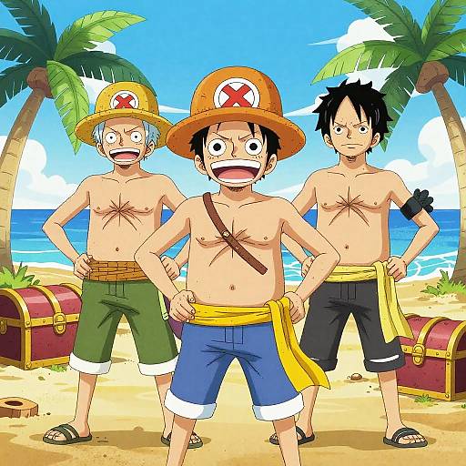 Anime-style illustration of three shirtless male characters on a tropical beach, each wearing hats and shorts, standing confidently in front of palm trees and treasure chests