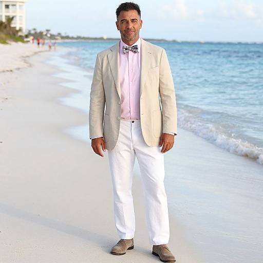 Photograph of a middle-aged man with short dark hair, wearing a beige blazer, pink shirt, white pants, and brown shoes, walking on